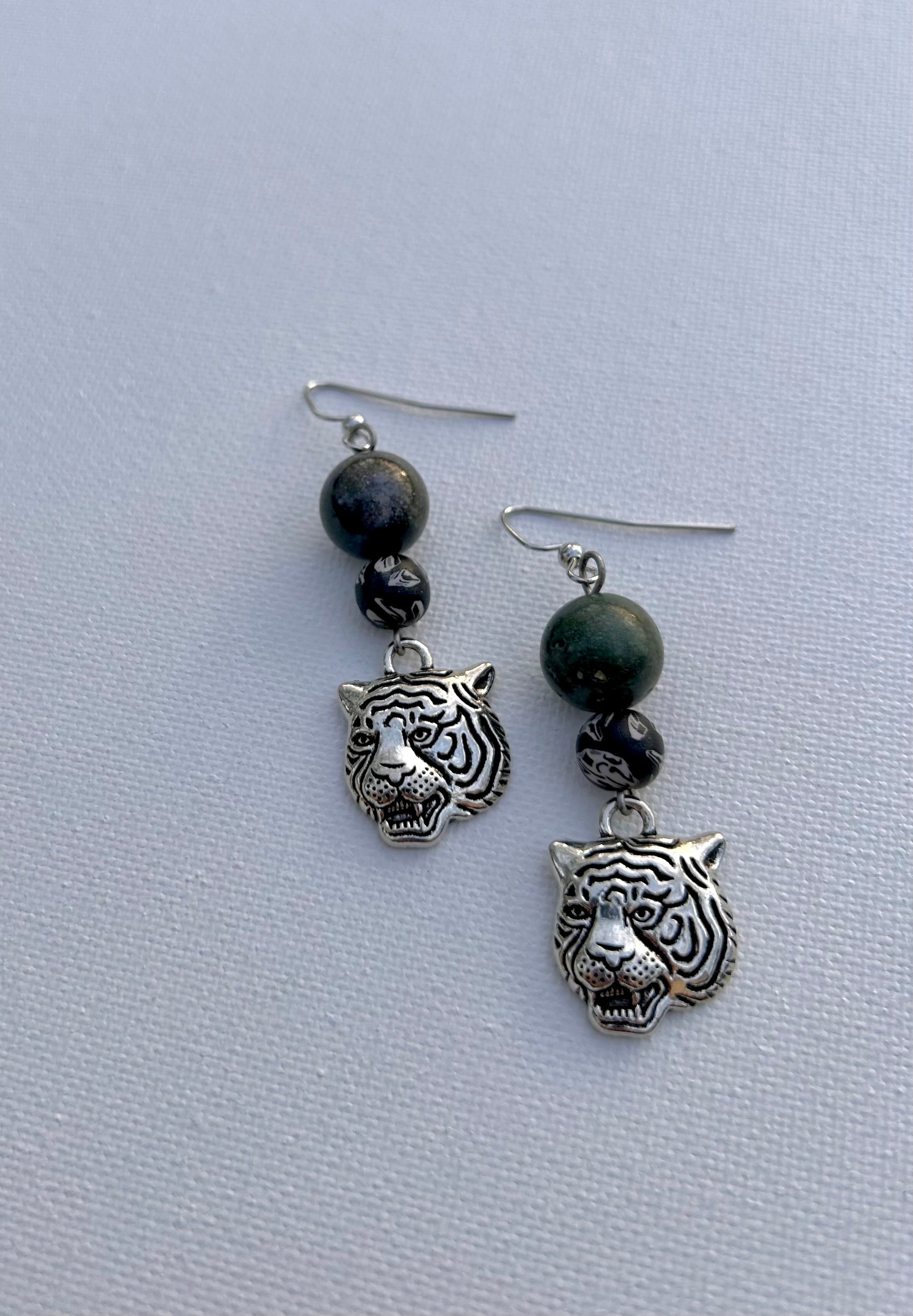 Silver & Green Tiger Dangle Earrings