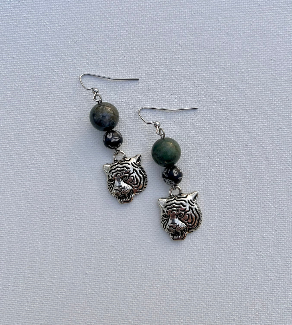 Silver & Green Tiger Dangle Earrings