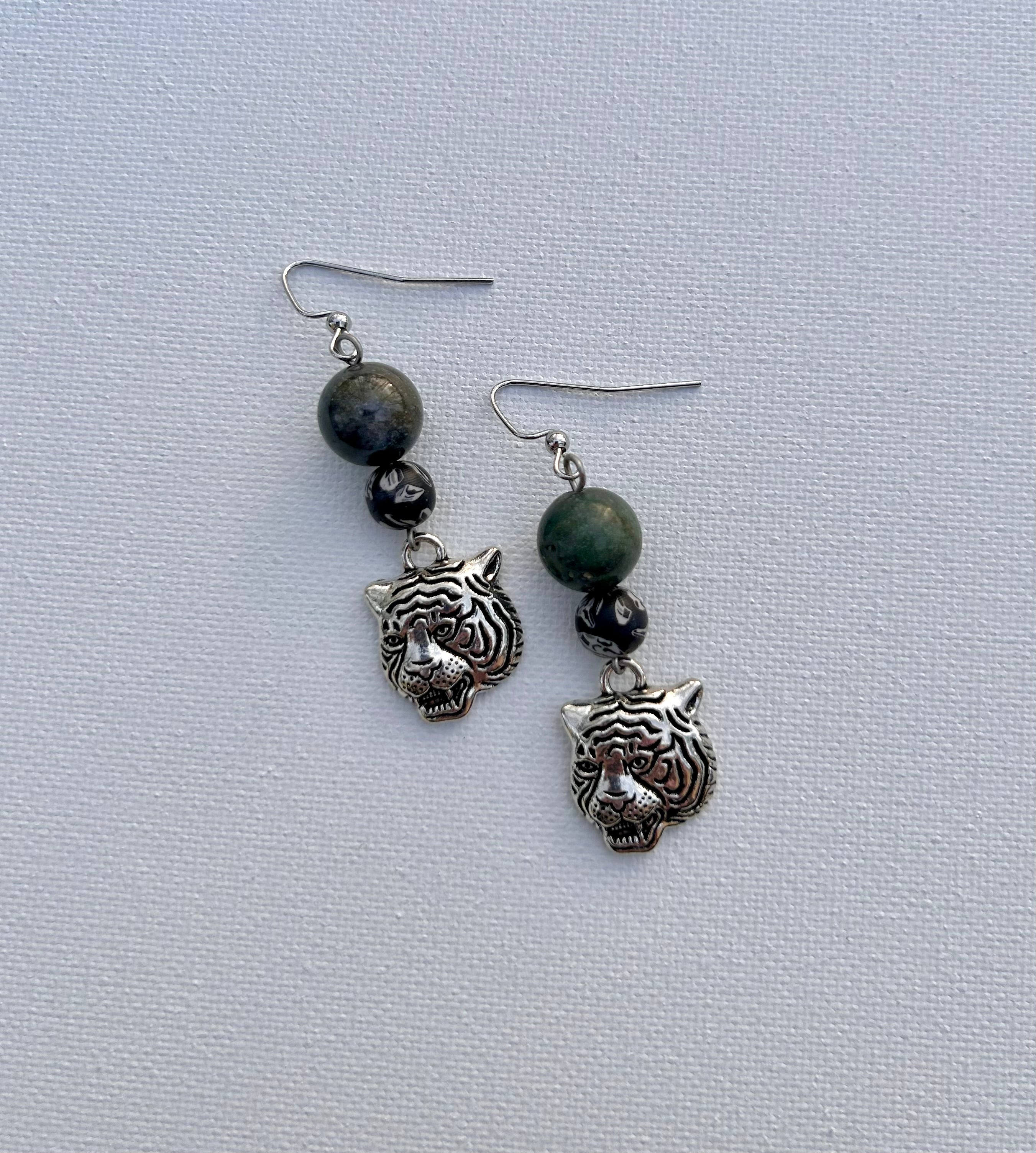 Silver & Green Tiger Dangle Earrings