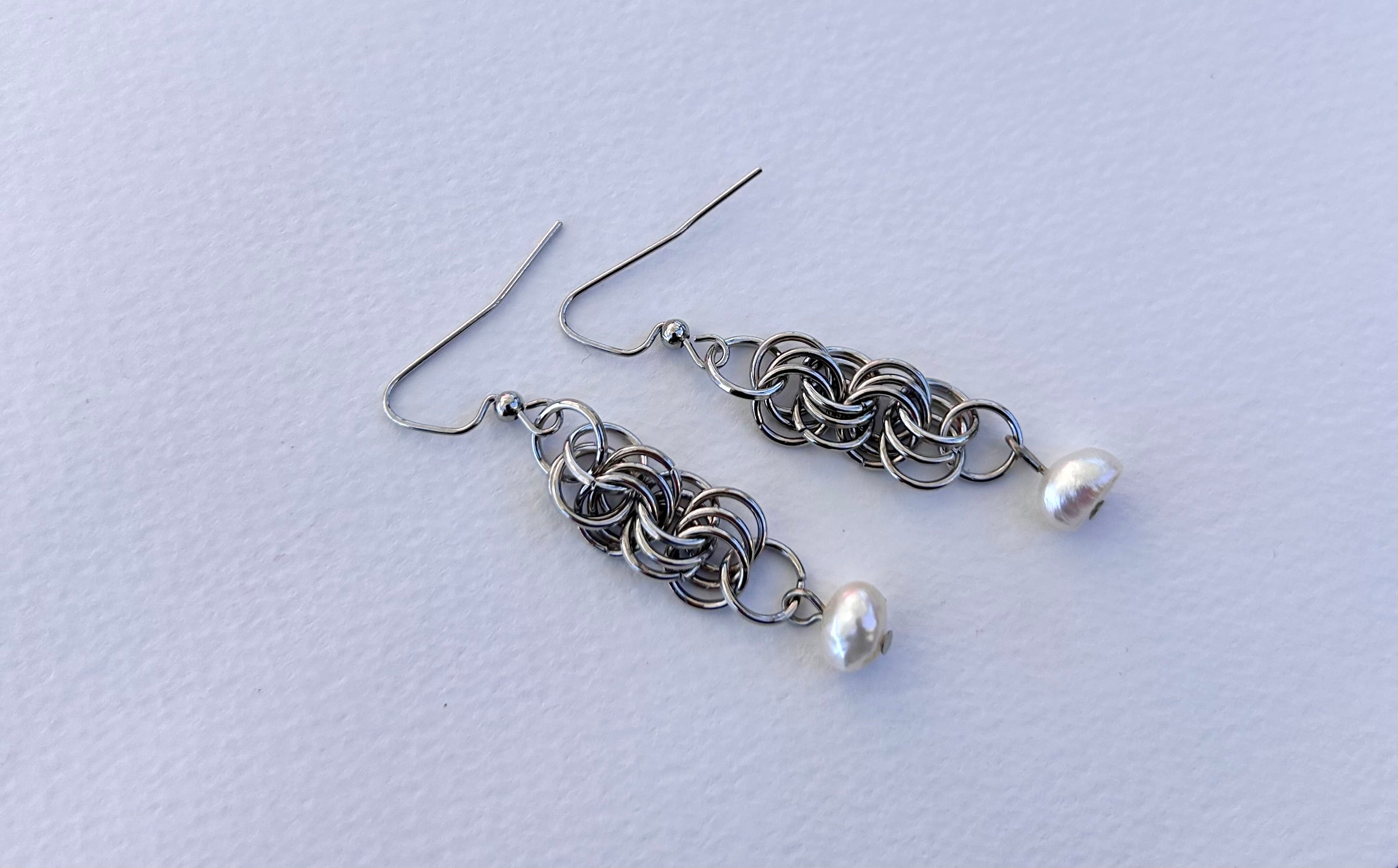 Chainmail Dangle Earrings with Pearl Accents