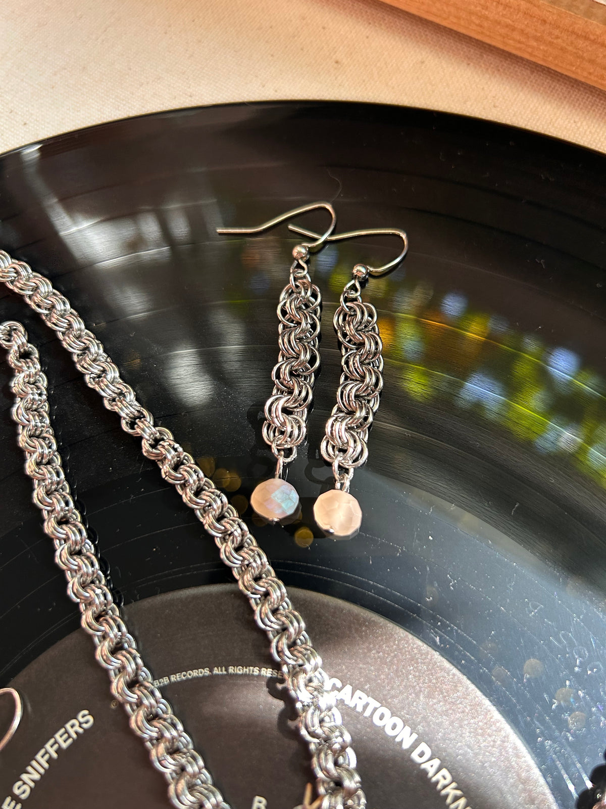 Chainmail Earrings with Pink Stones