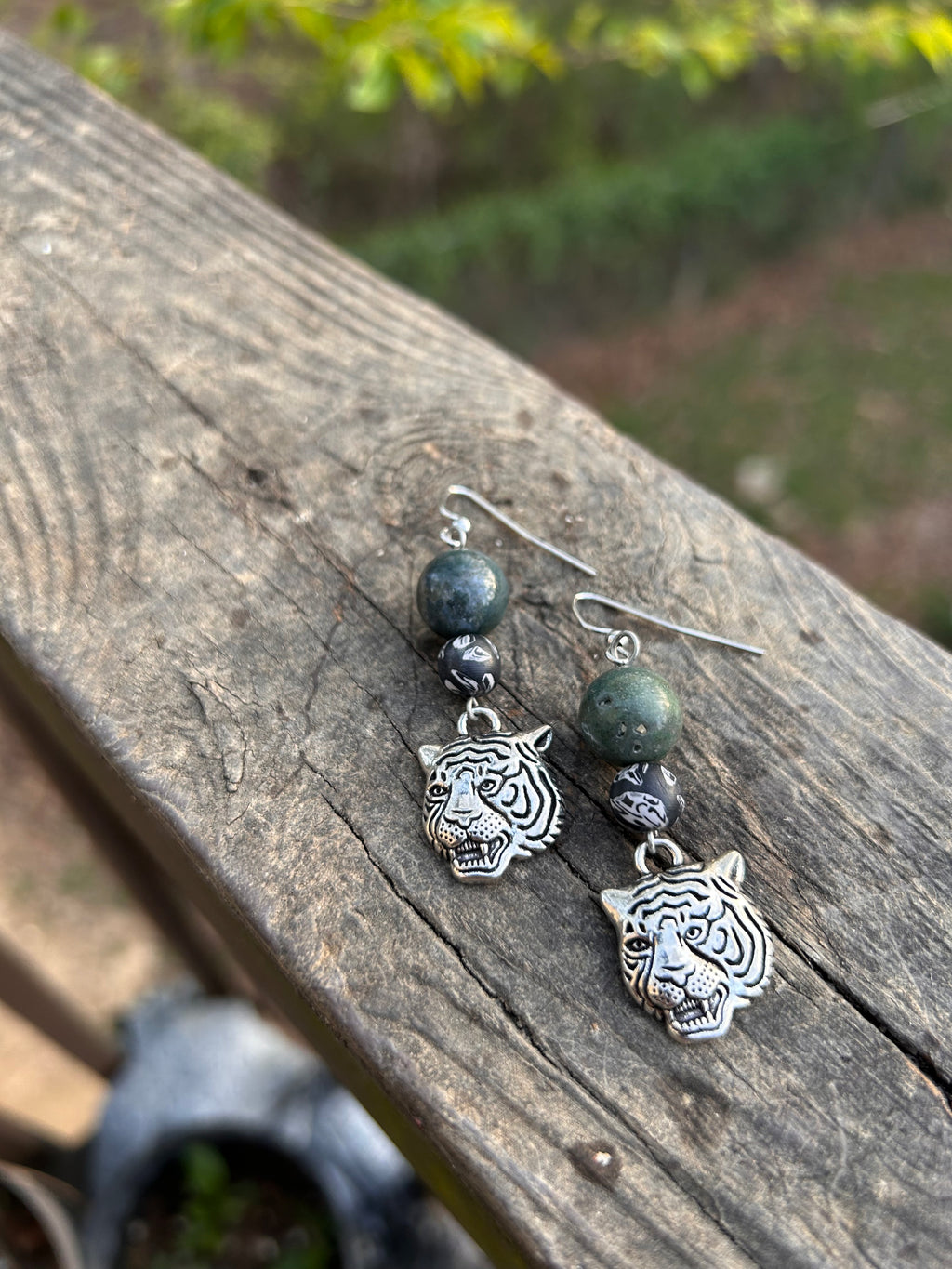 Silver & Green Tiger Dangle Earrings