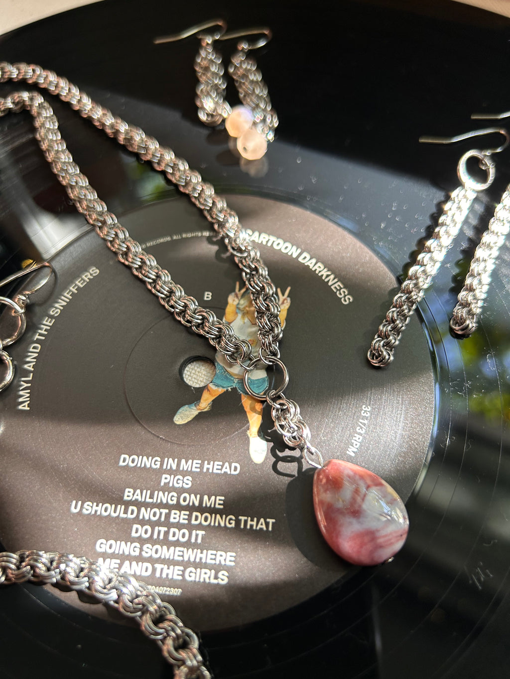 Pink Stone Pendant Chainmail Necklace