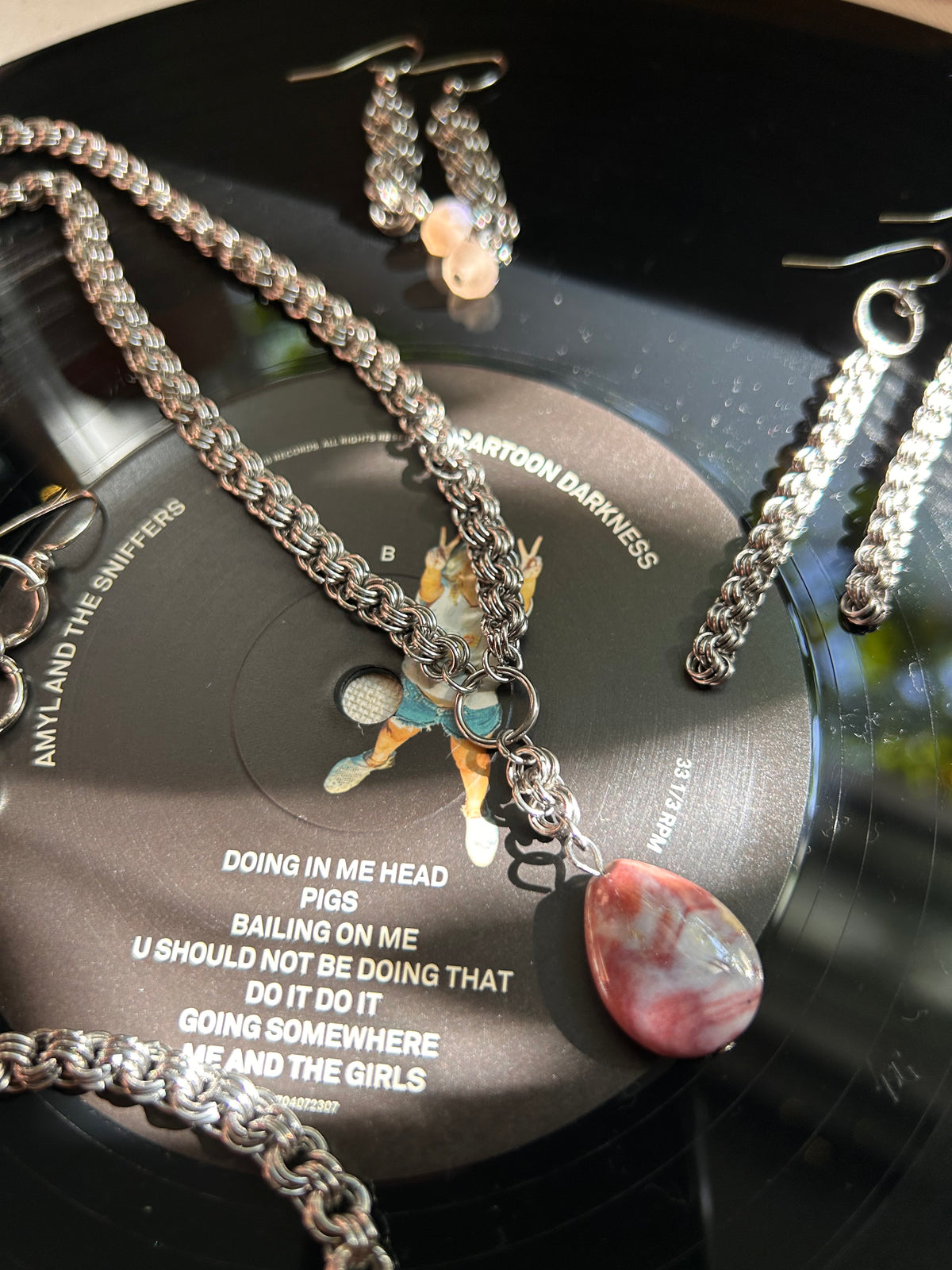 Pink Stone Pendant Chainmail Necklace