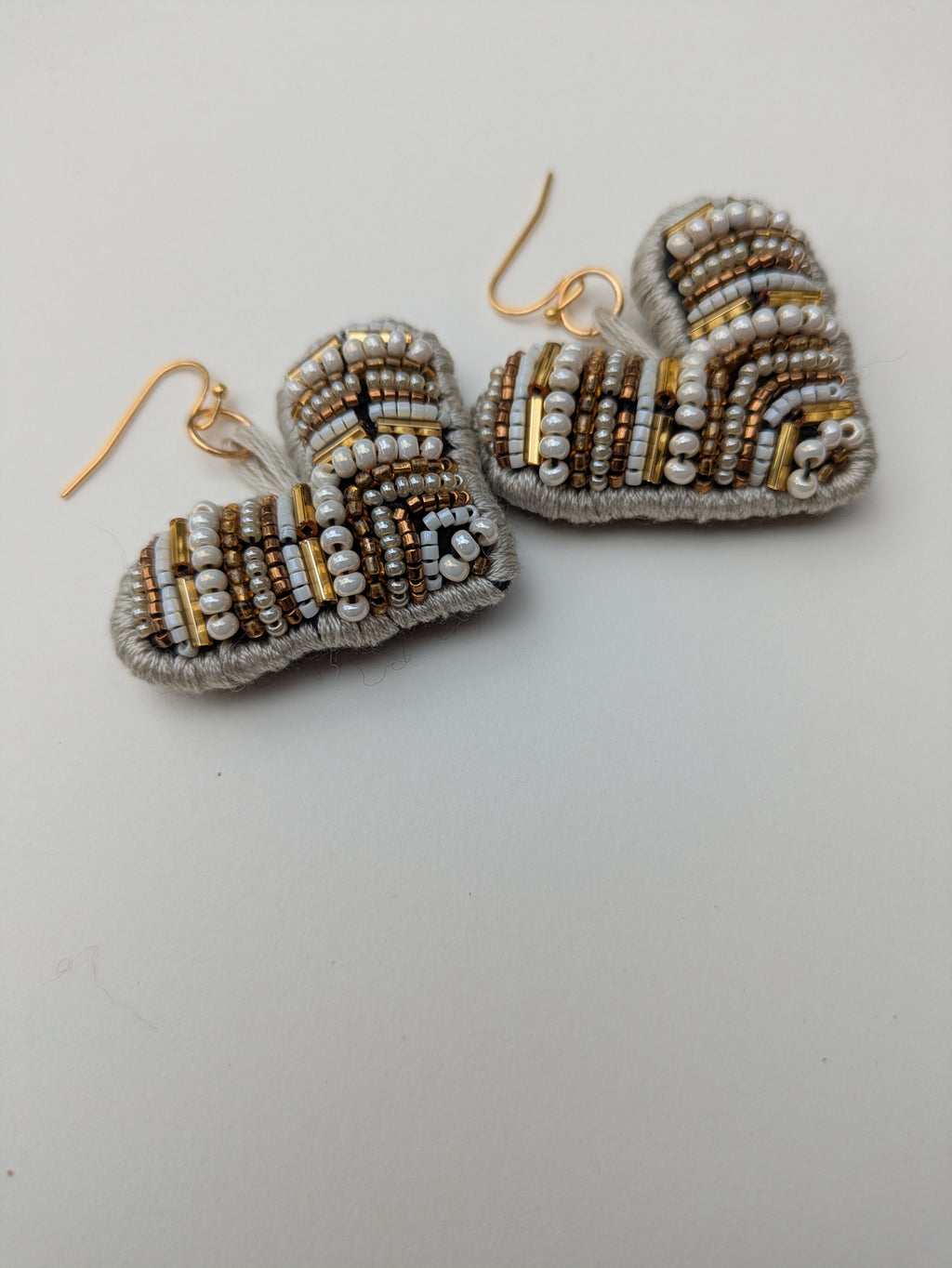 Beaded White Felt Heart Earrings