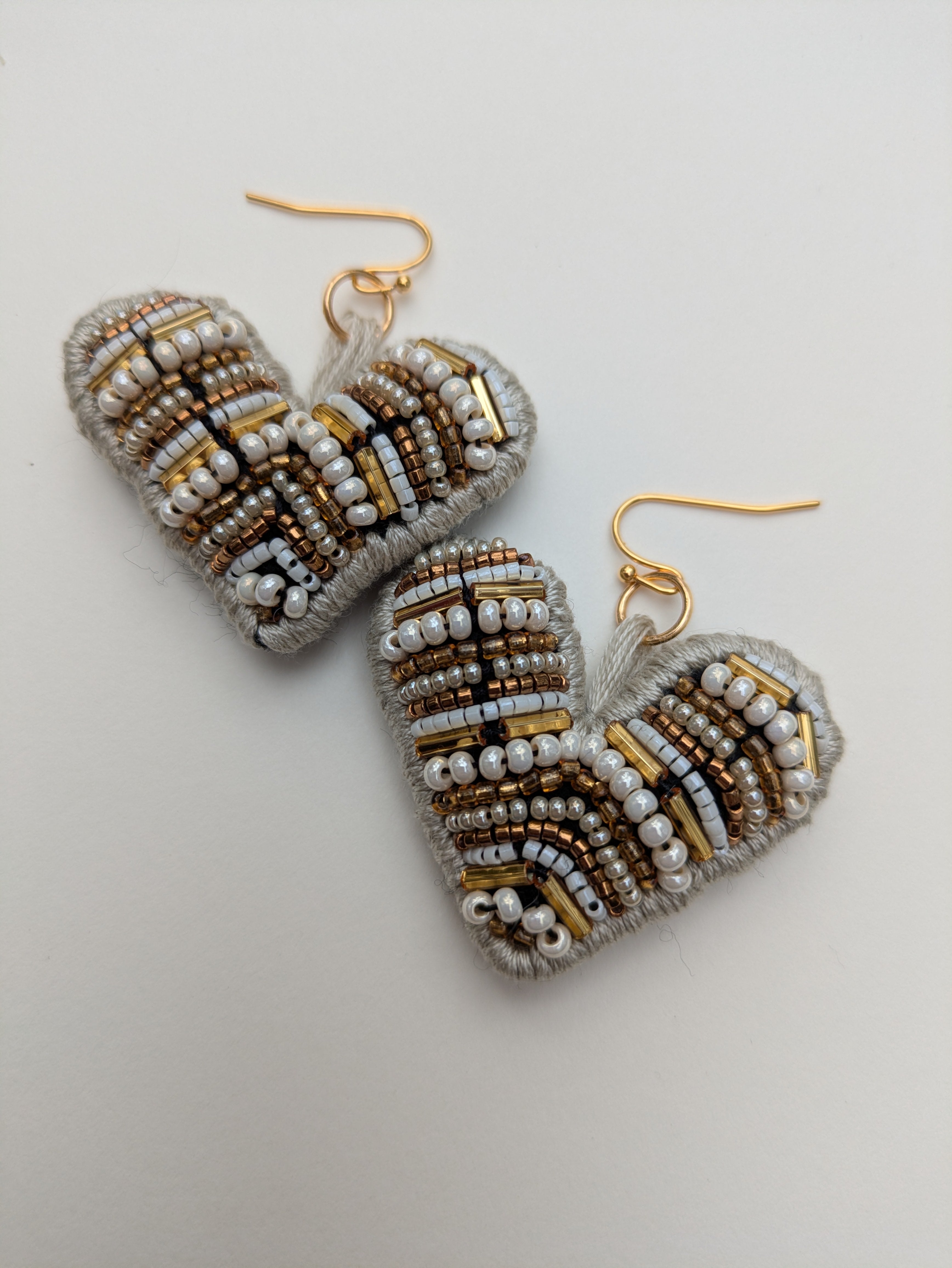 Beaded White Felt Heart Earrings