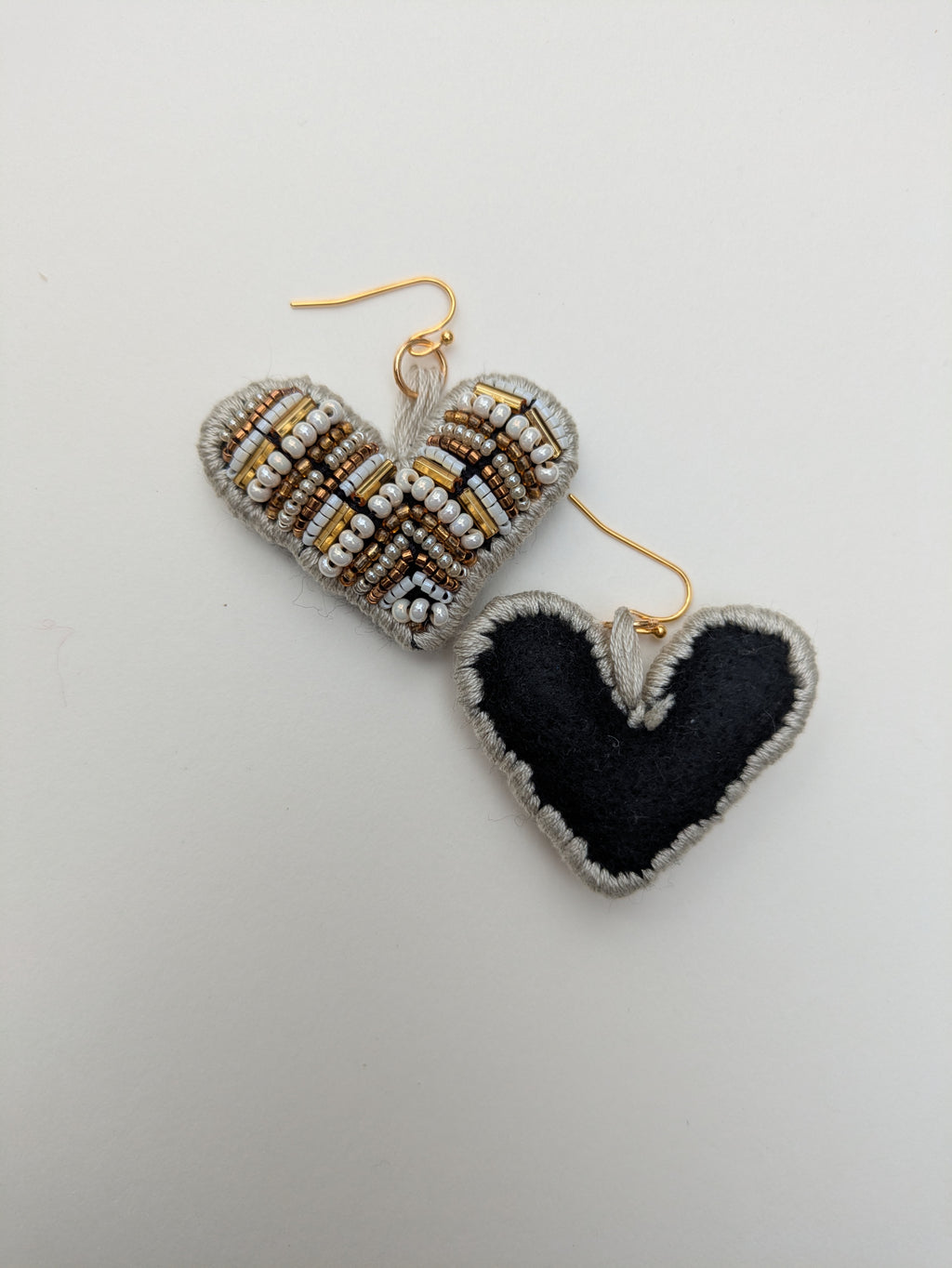 Beaded White Felt Heart Earrings